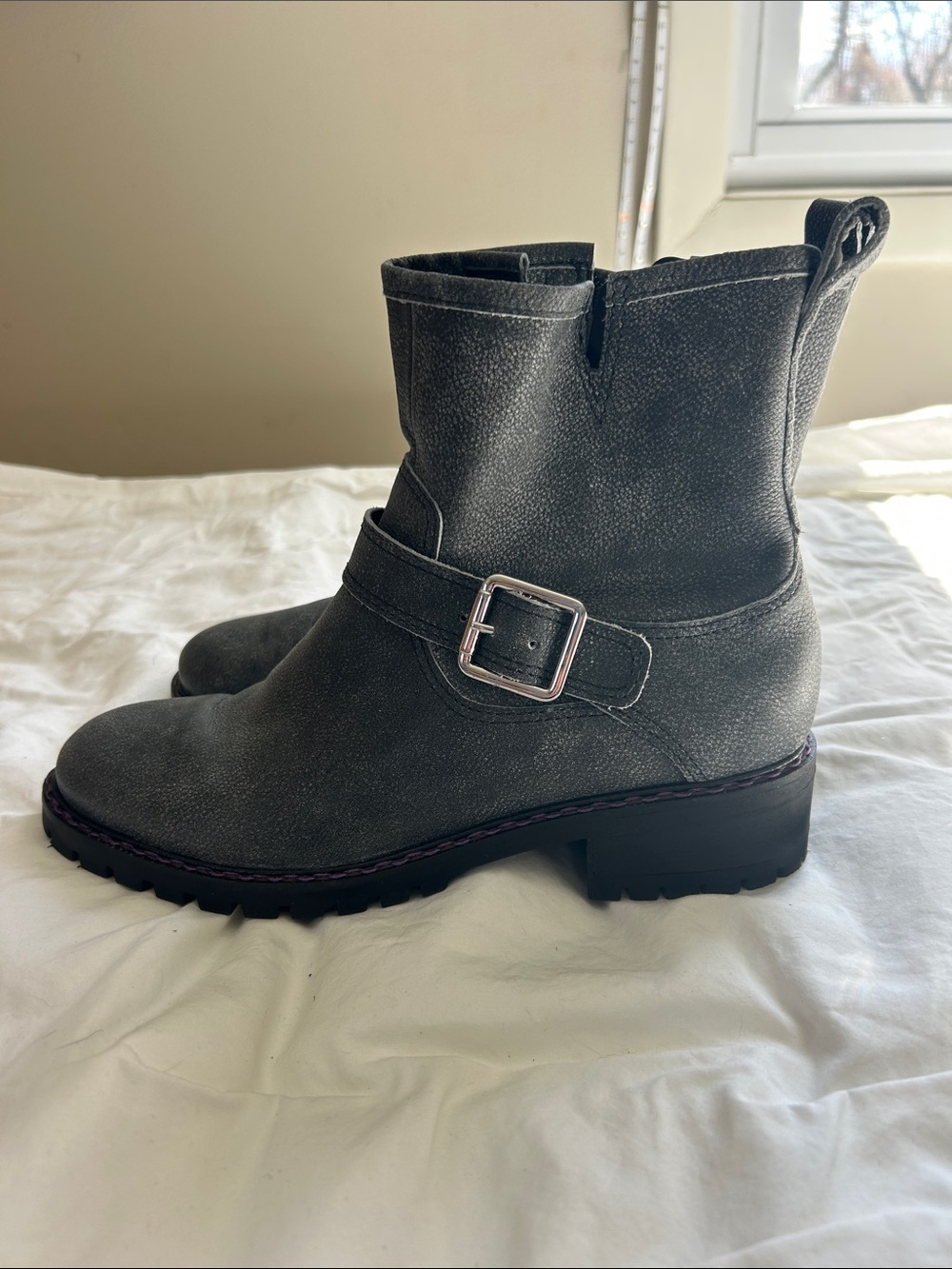 Lucky Brand Silver-Gray Buckle Strap Ankle Boots
